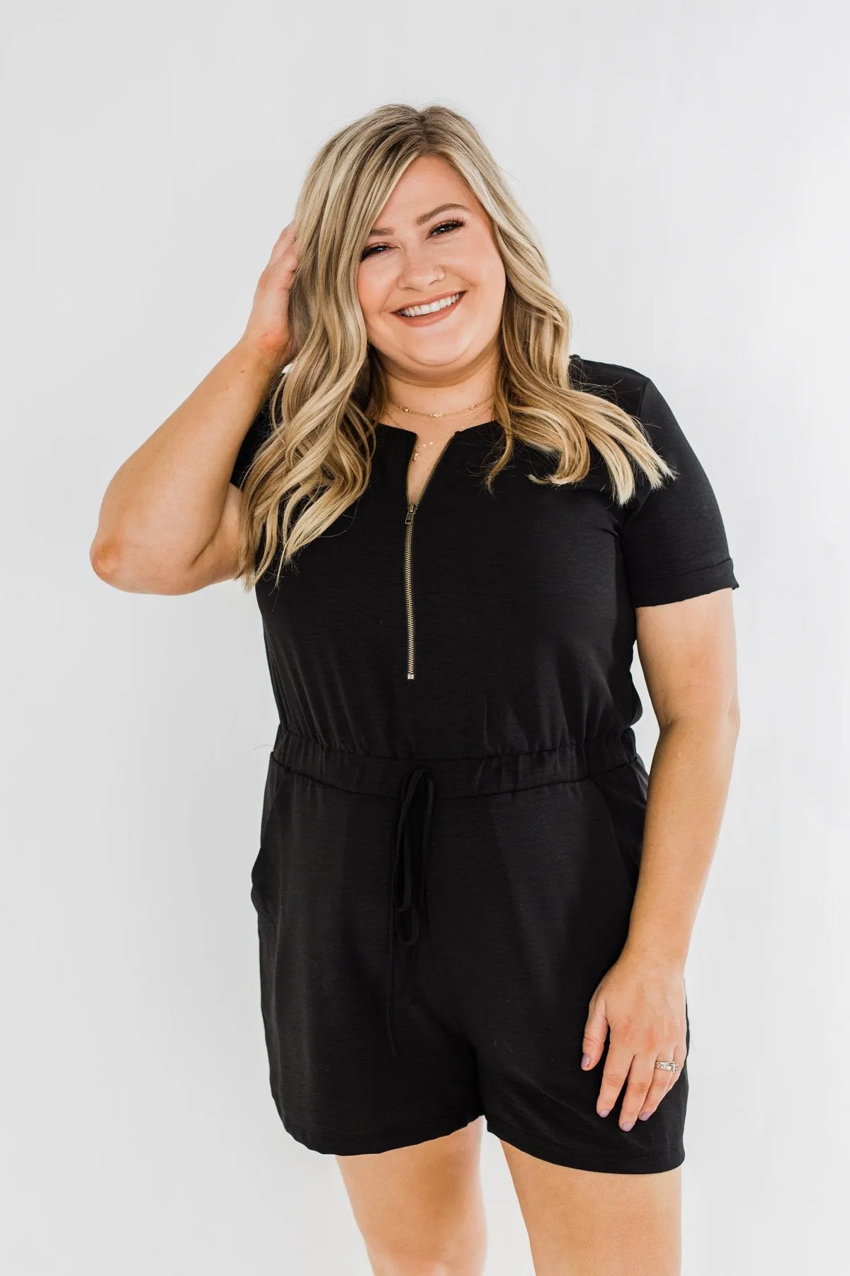 Adventure Awaits Half-Zip Romper- Black