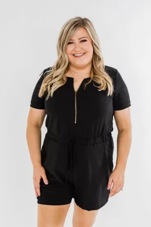 Adventure Awaits Half-Zip Romper- Black