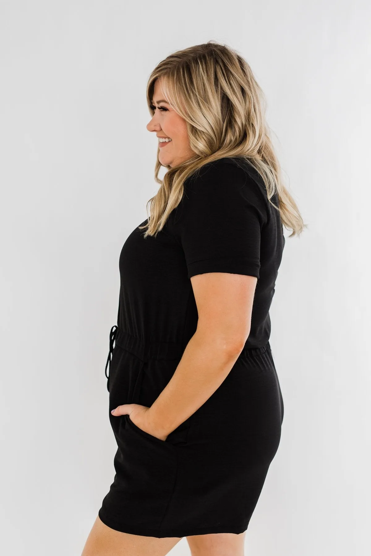 Adventure Awaits Half-Zip Romper- Black