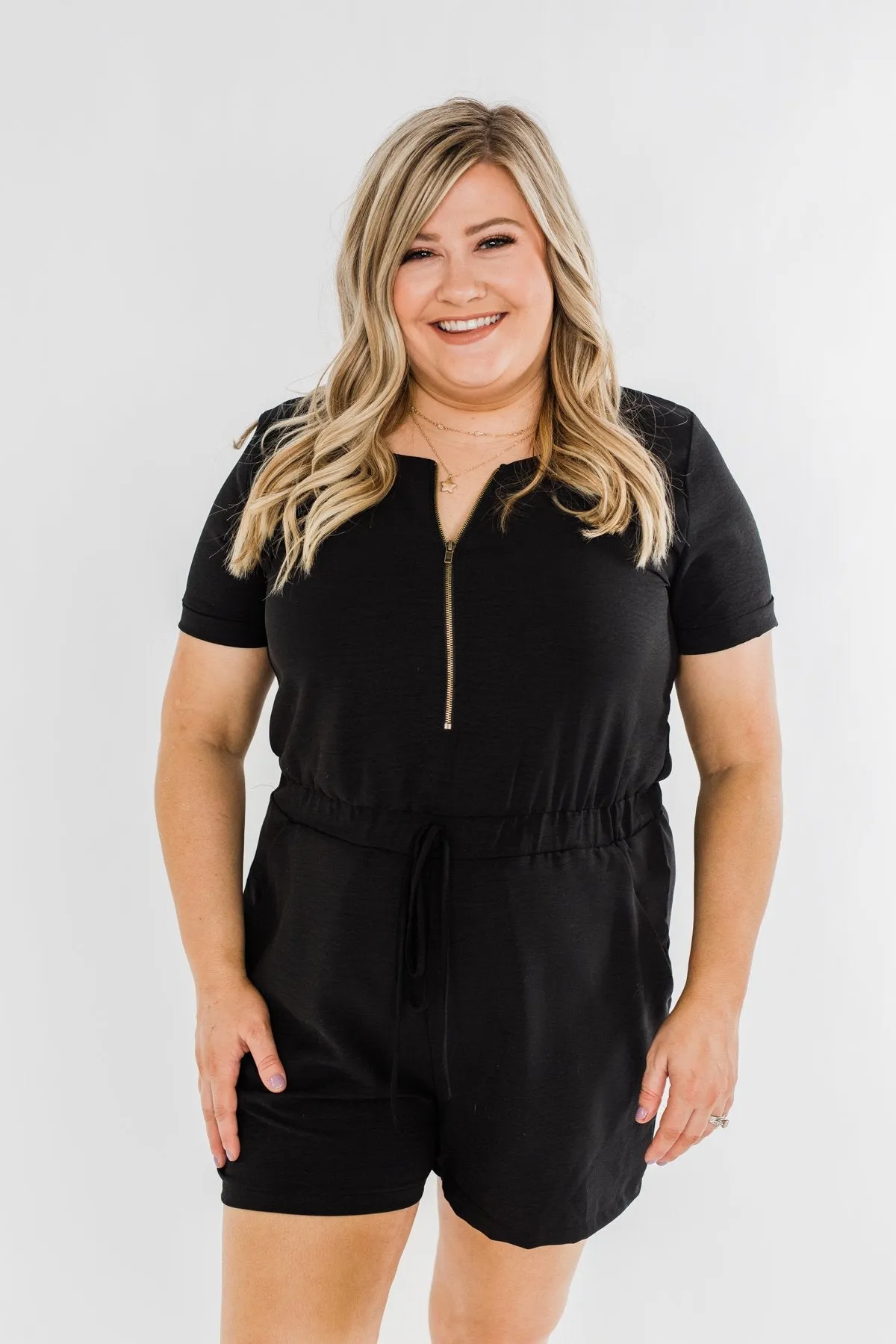 Adventure Awaits Half-Zip Romper- Black