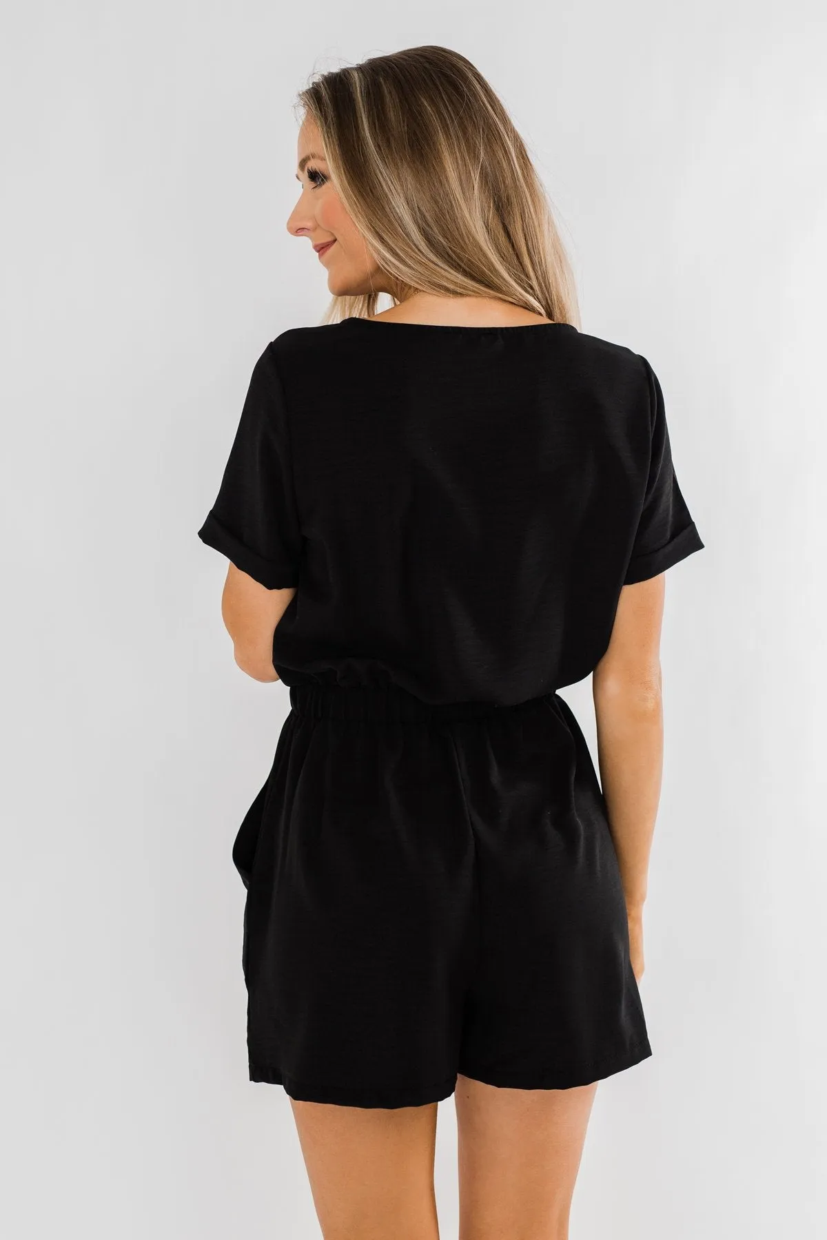 Adventure Awaits Half-Zip Romper- Black