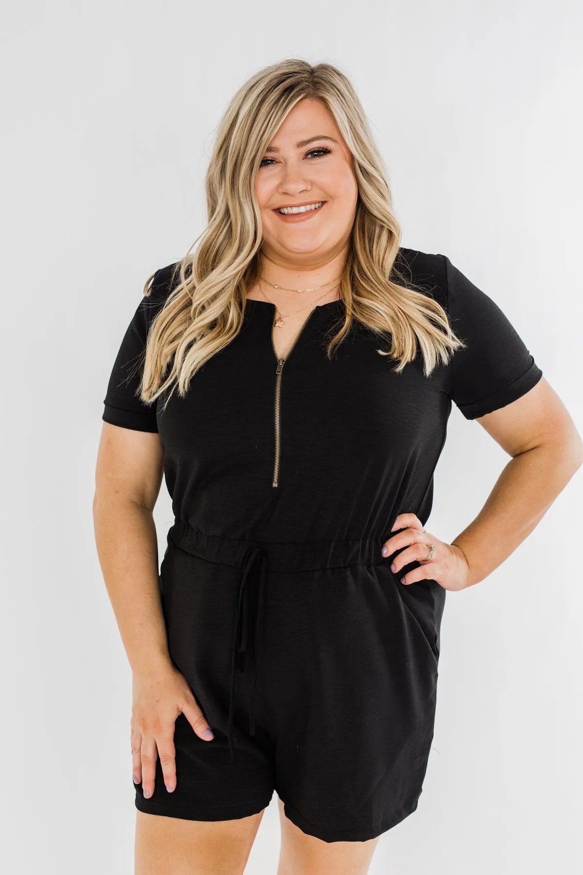 Adventure Awaits Half-Zip Romper- Black