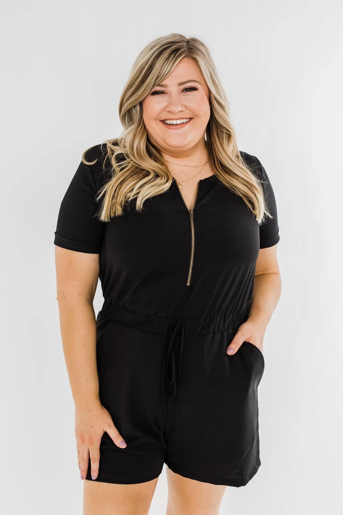 Adventure Awaits Half-Zip Romper- Black