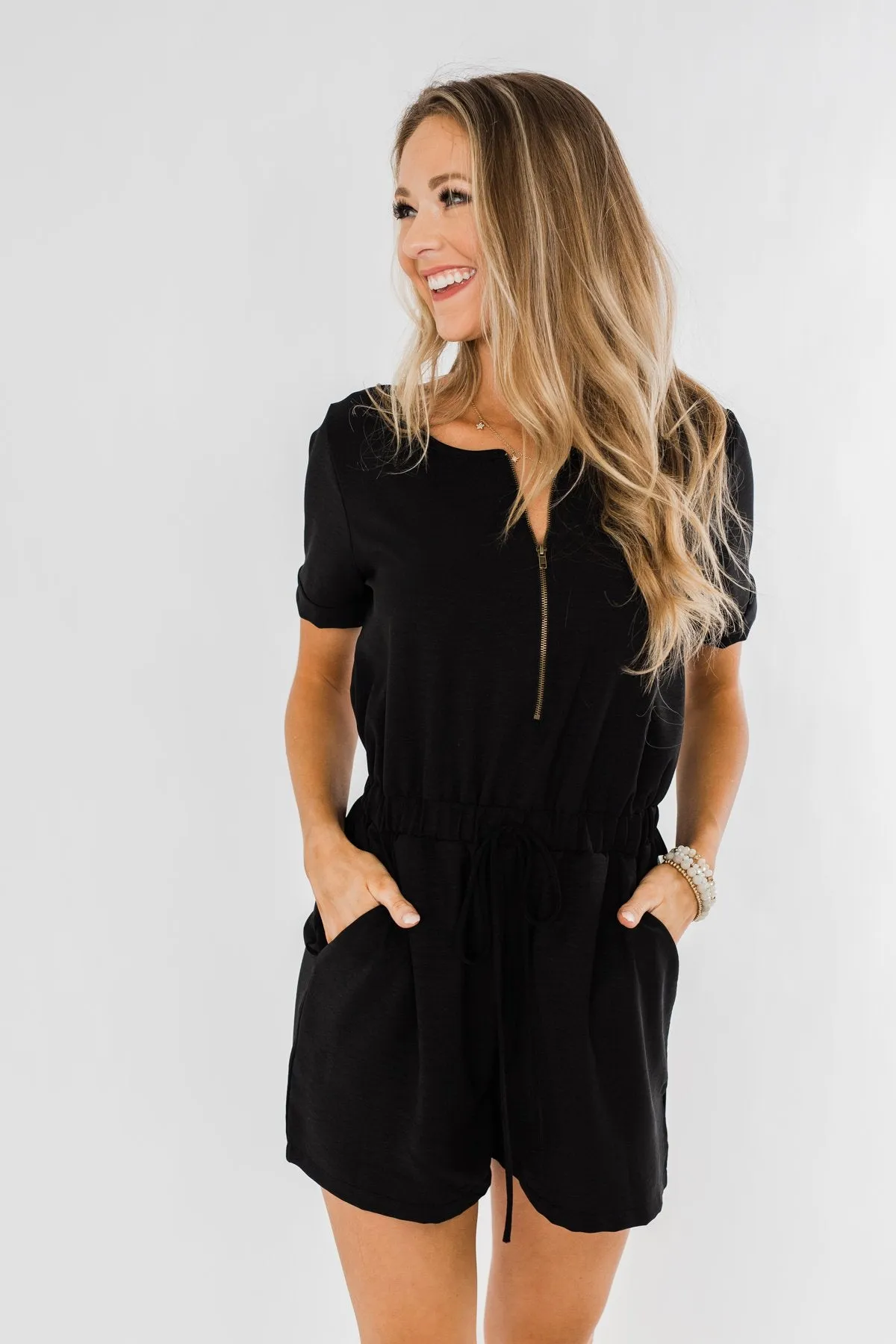 Adventure Awaits Half-Zip Romper- Black