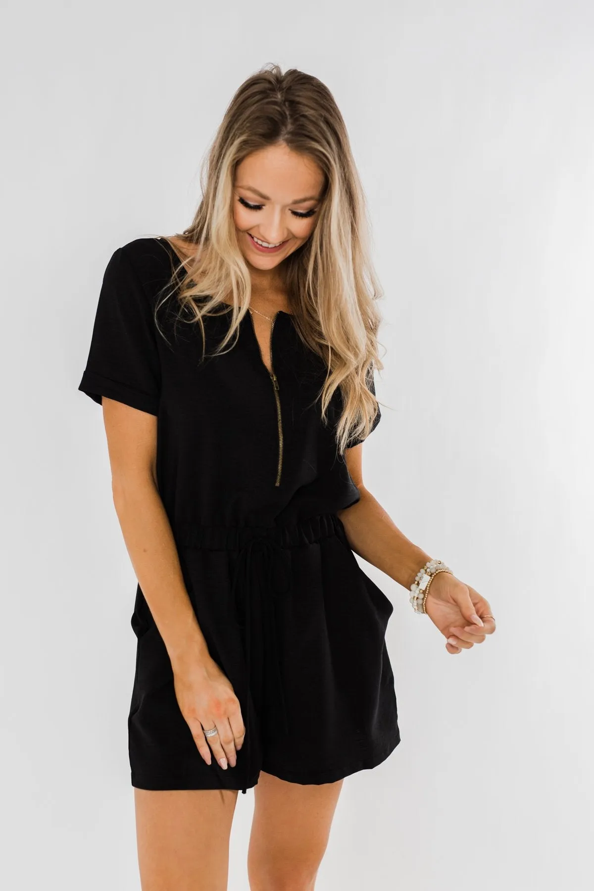 Adventure Awaits Half-Zip Romper- Black