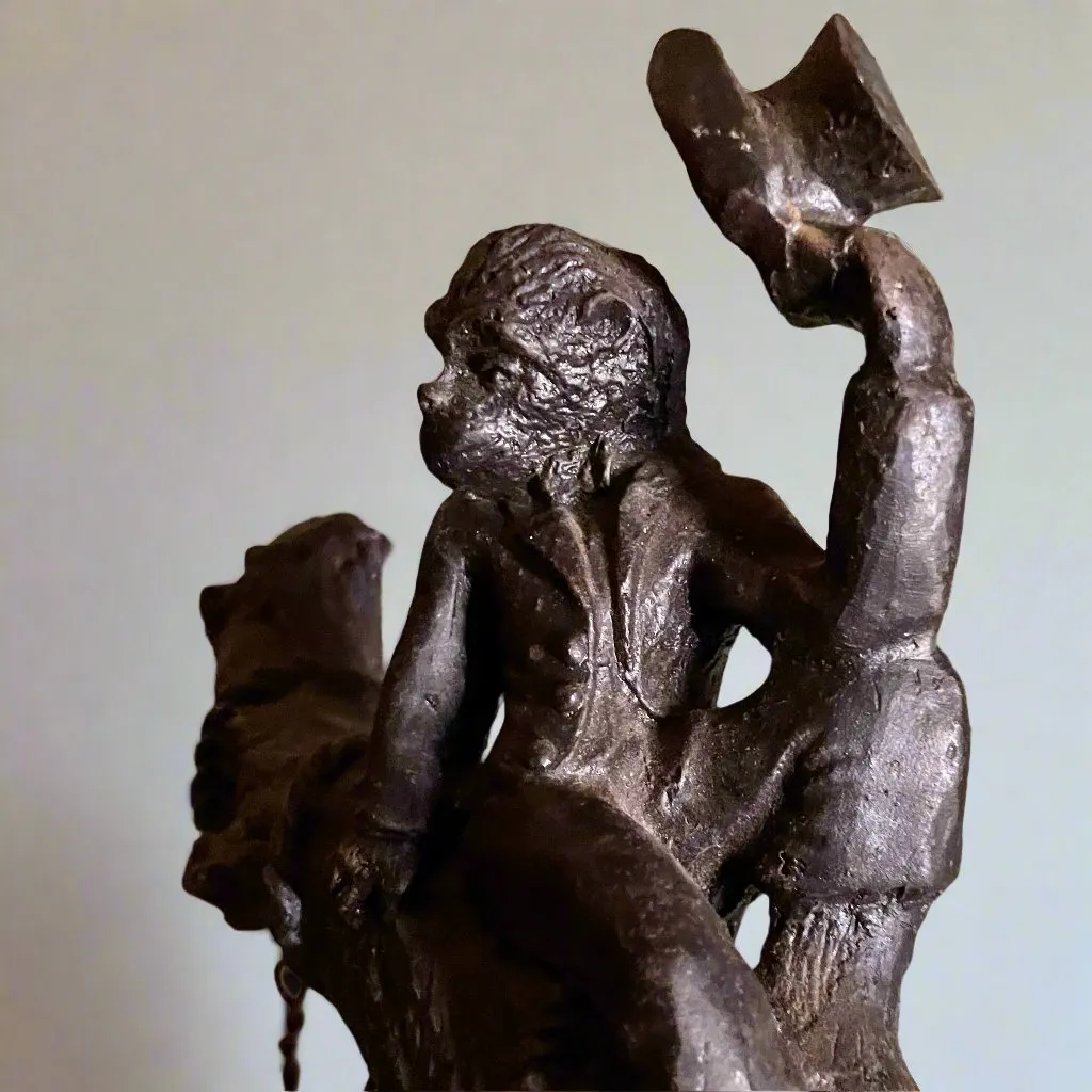 Antique Sculpture - Iron  - Victorian Monkeys Playing Fiddle and Swinging Tree With Top Hats