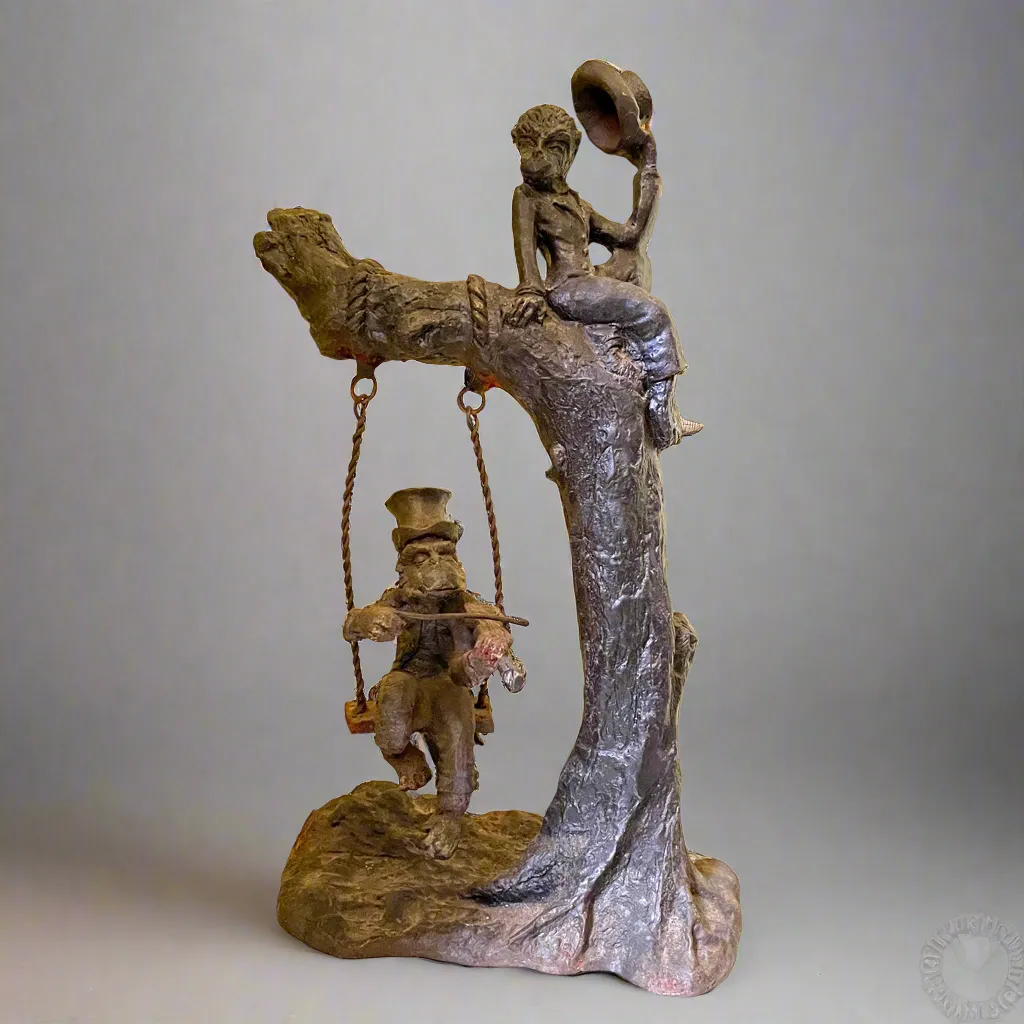 Antique Sculpture - Iron  - Victorian Monkeys Playing Fiddle and Swinging Tree With Top Hats