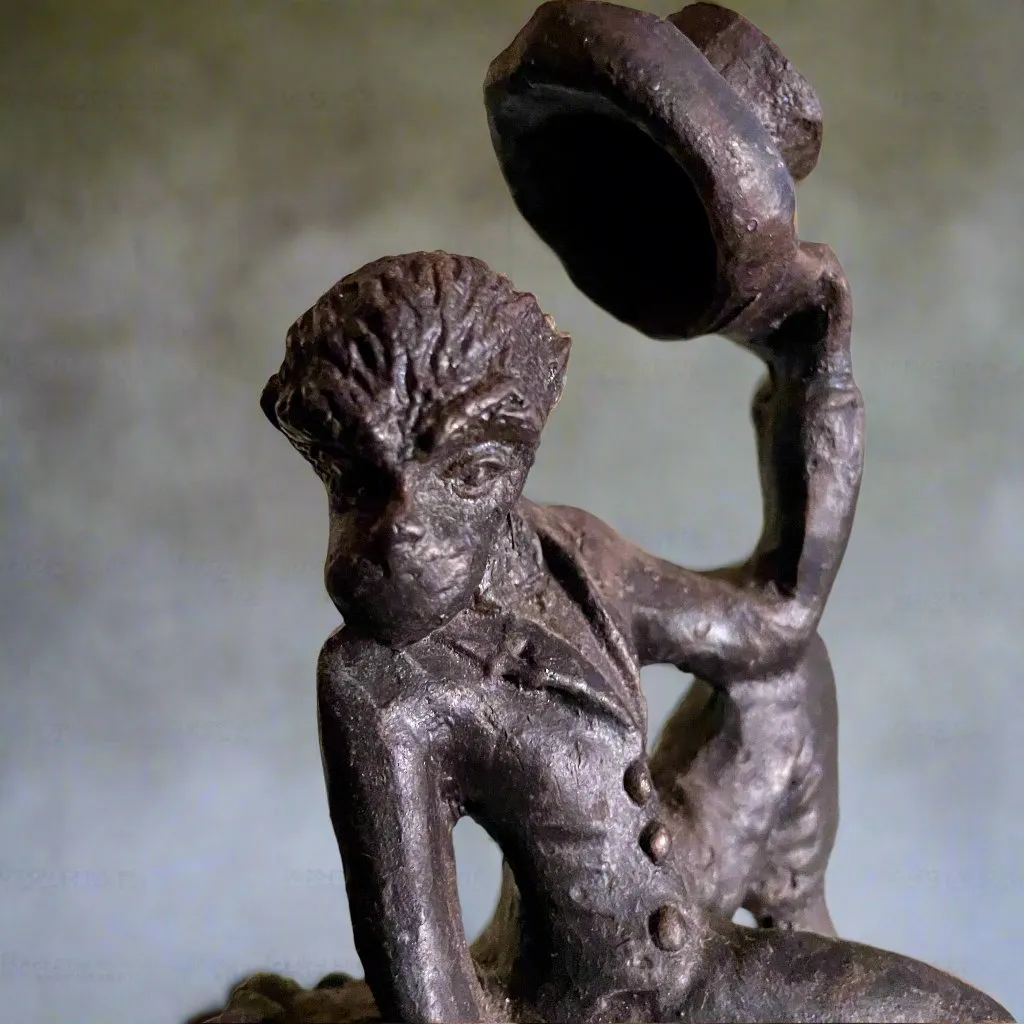 Antique Sculpture - Iron  - Victorian Monkeys Playing Fiddle and Swinging Tree With Top Hats