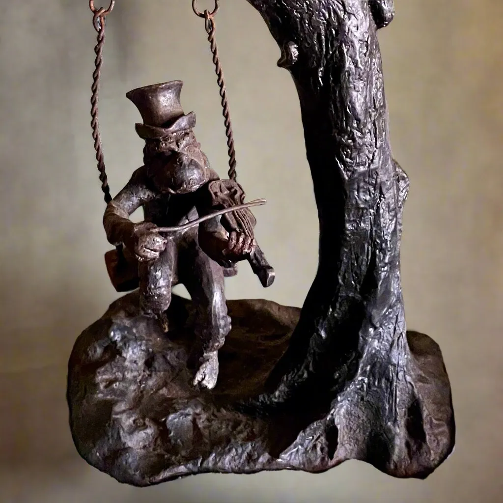 Antique Sculpture - Iron  - Victorian Monkeys Playing Fiddle and Swinging Tree With Top Hats