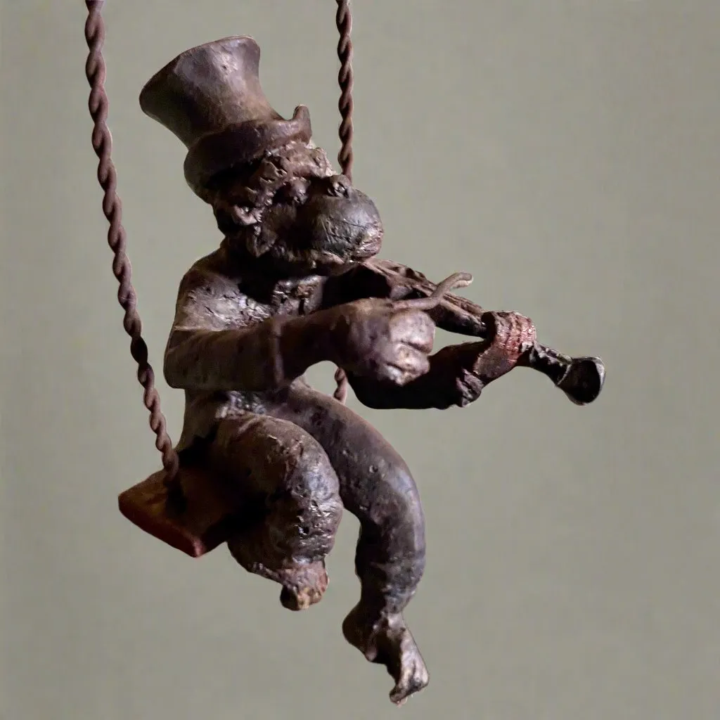 Antique Sculpture - Iron  - Victorian Monkeys Playing Fiddle and Swinging Tree With Top Hats
