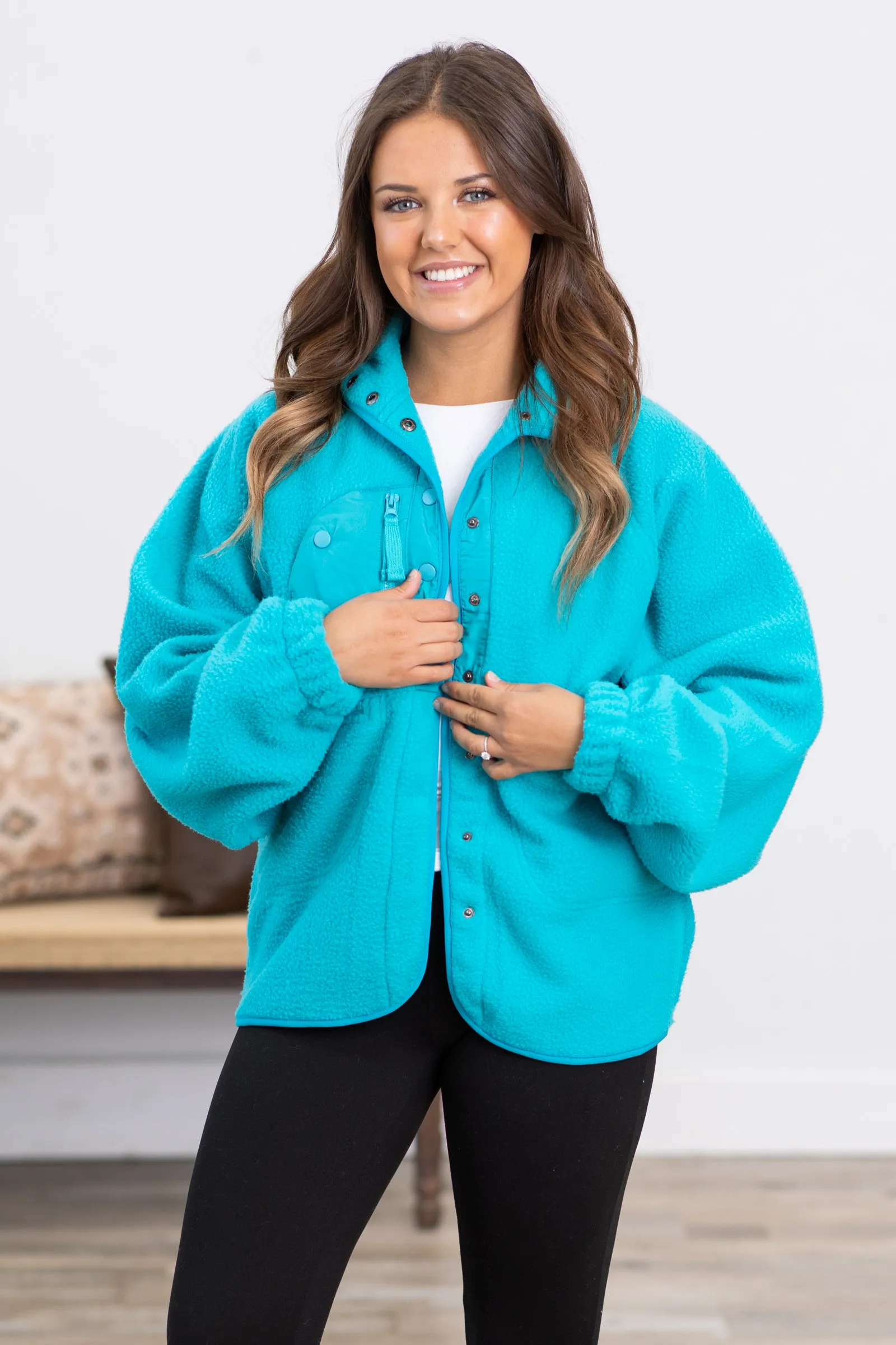 Aqua Snap Front Fleece Jacket