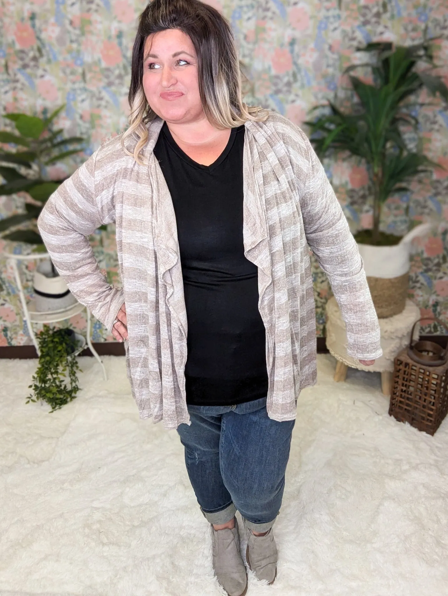 August Lightweight Cardigan in Taupe Stripe
