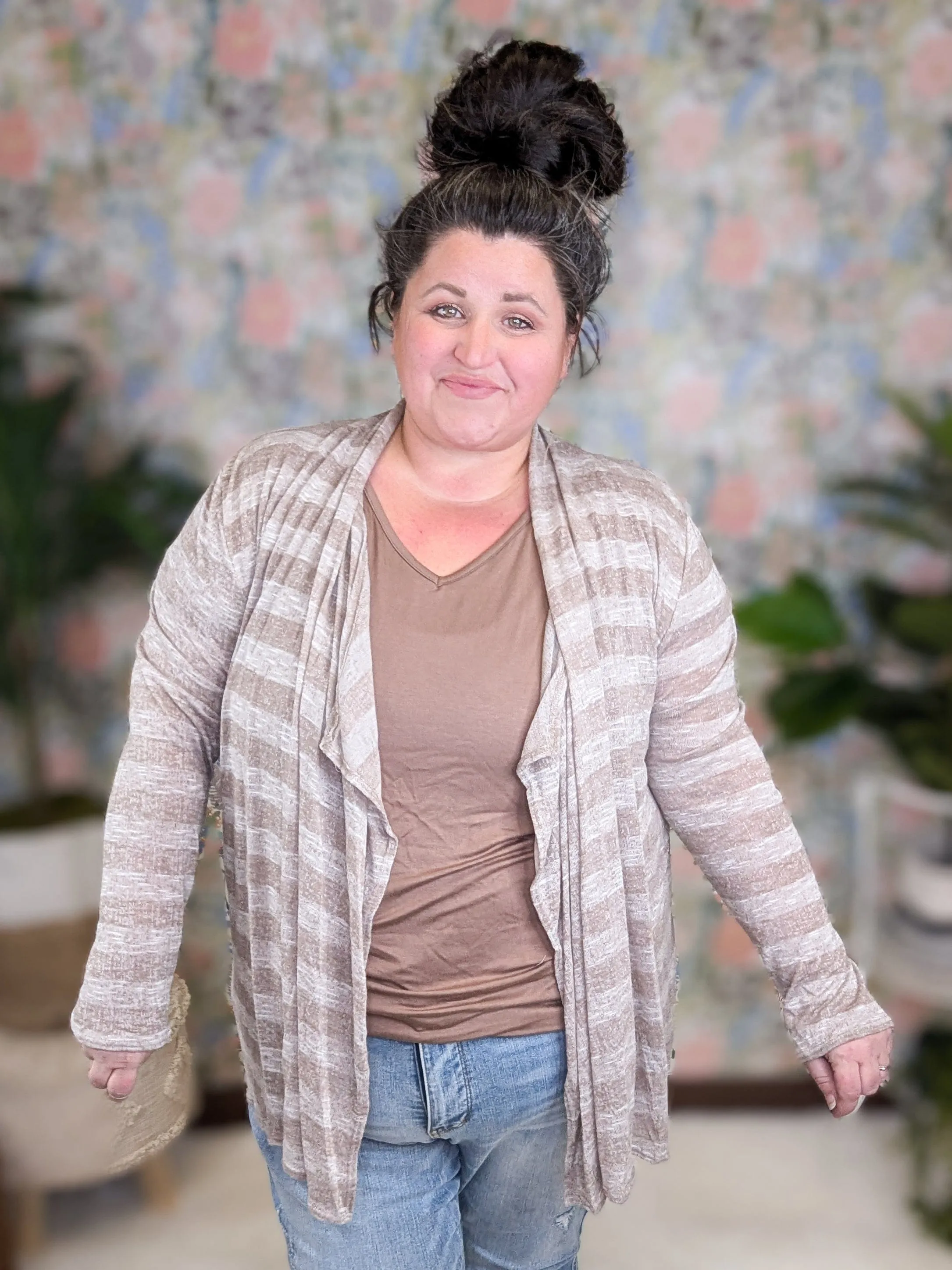 August Lightweight Cardigan in Taupe Stripe