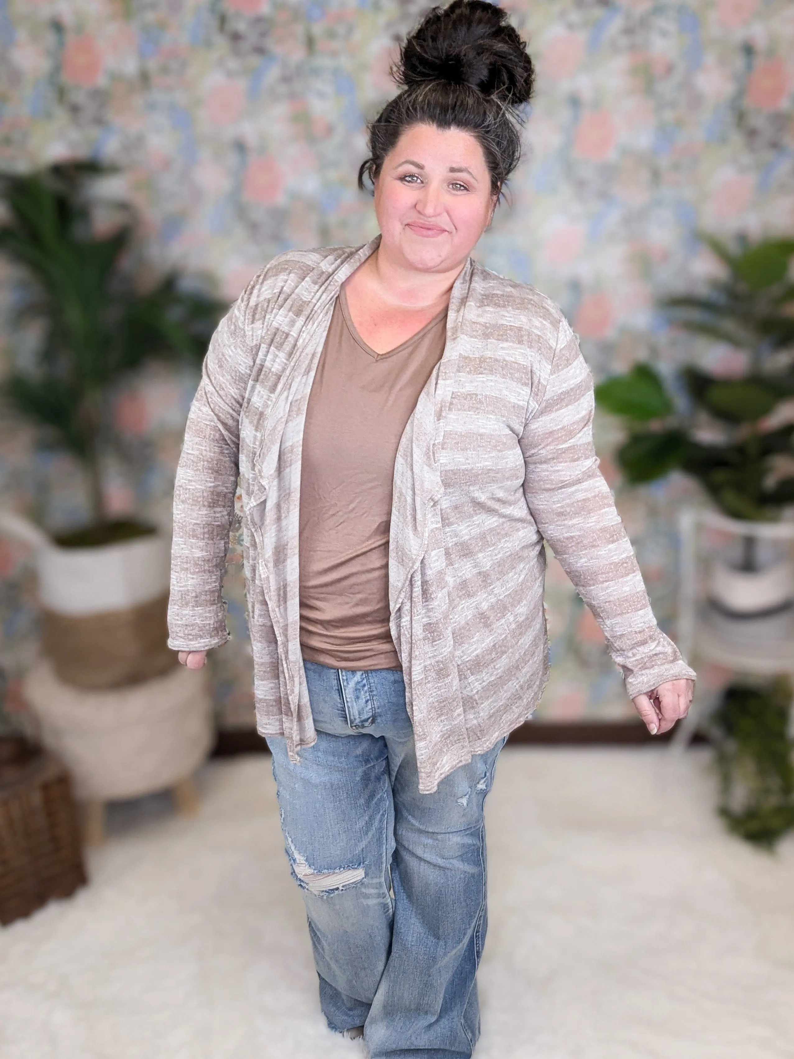 August Lightweight Cardigan in Taupe Stripe