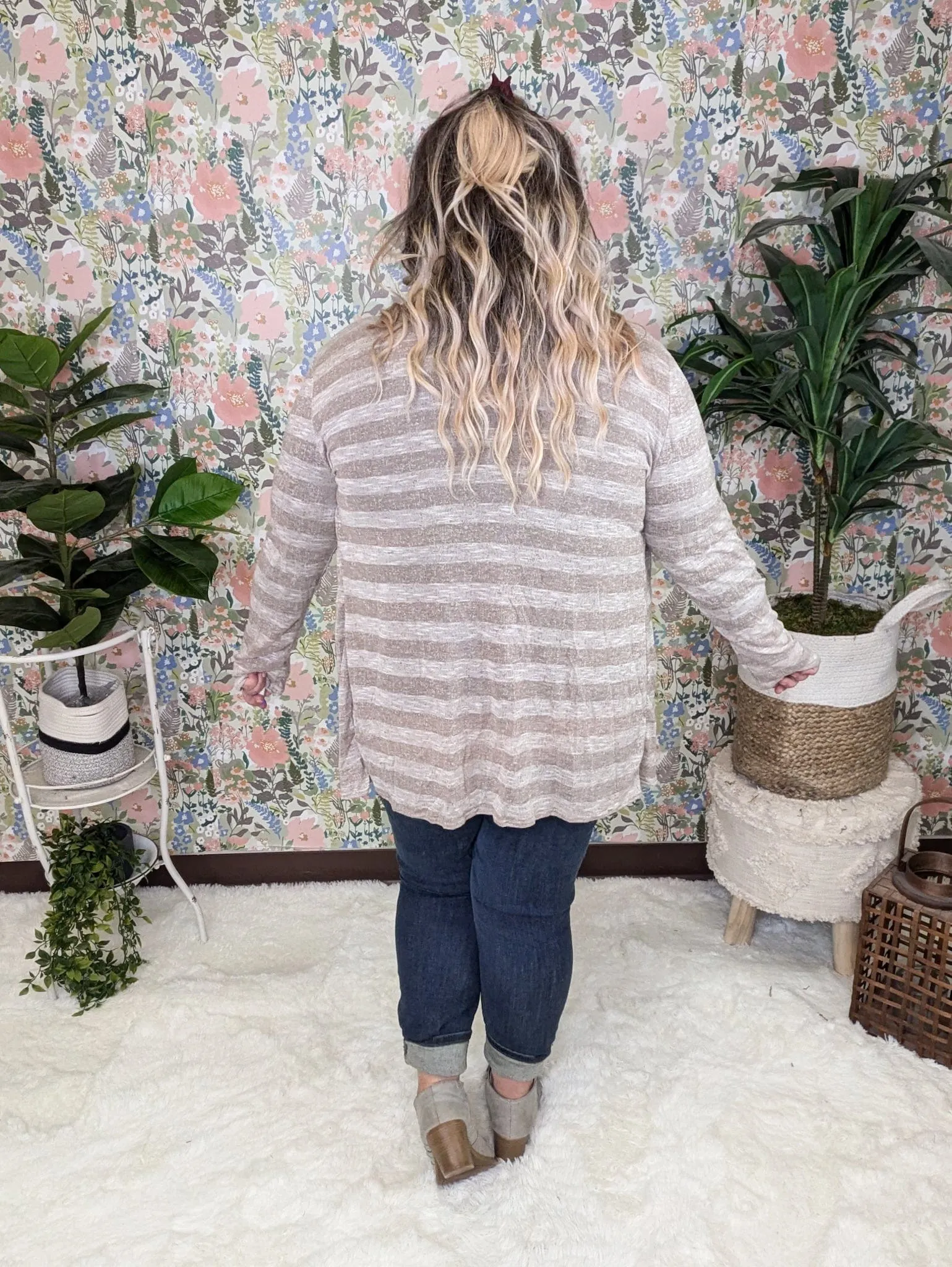 August Lightweight Cardigan in Taupe Stripe