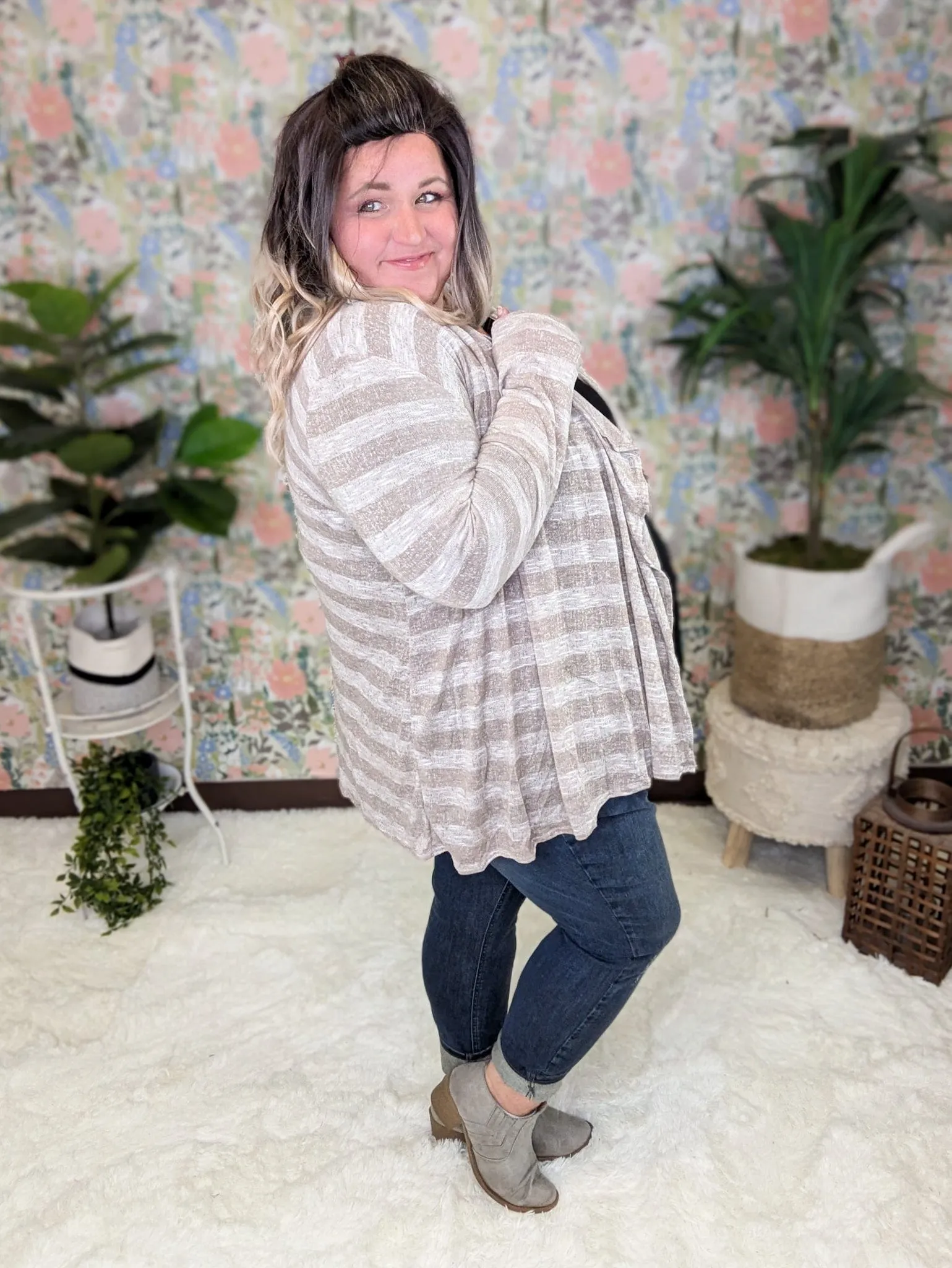 August Lightweight Cardigan in Taupe Stripe