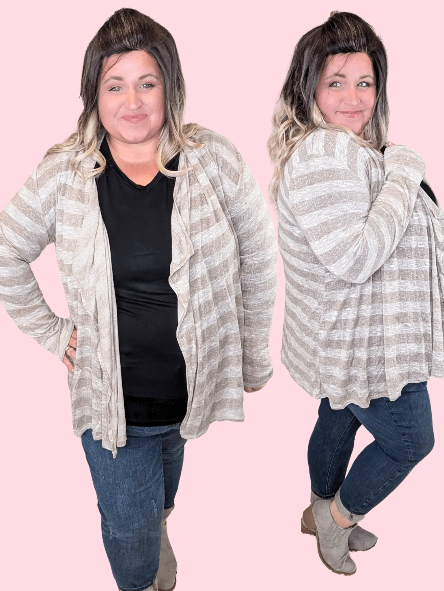 August Lightweight Cardigan in Taupe Stripe