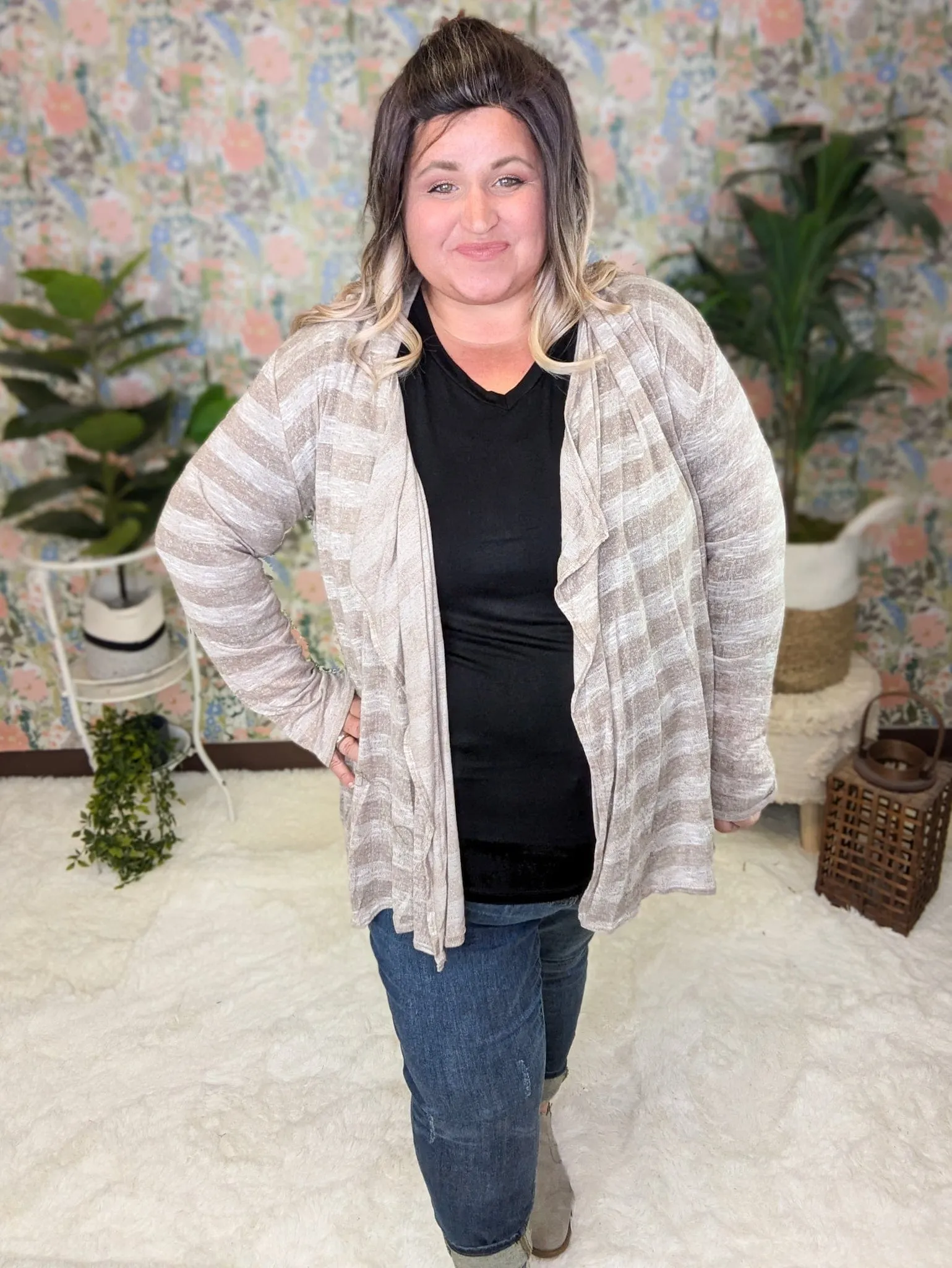 August Lightweight Cardigan in Taupe Stripe
