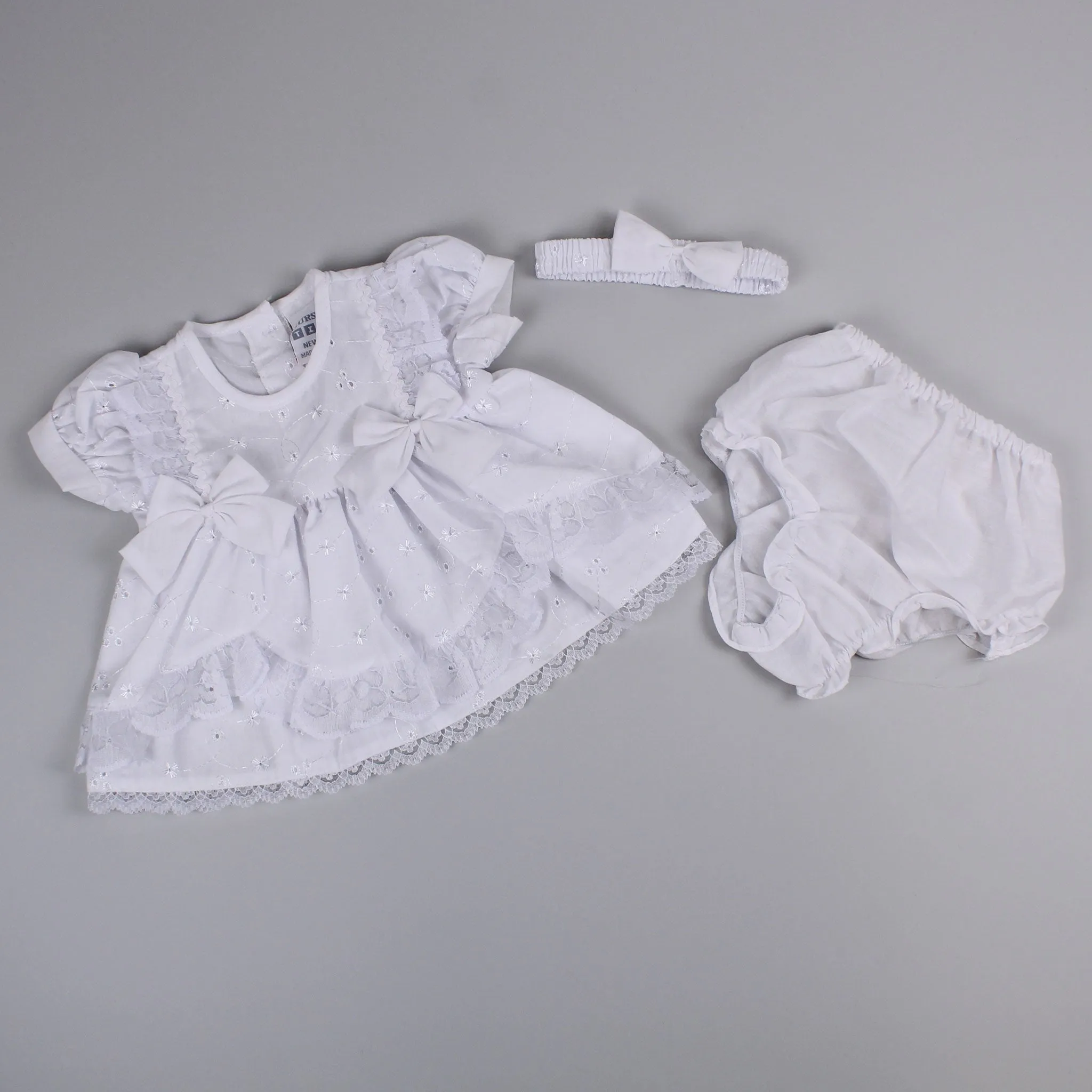 Baby Girls White Dress Set with Knickers and Headband