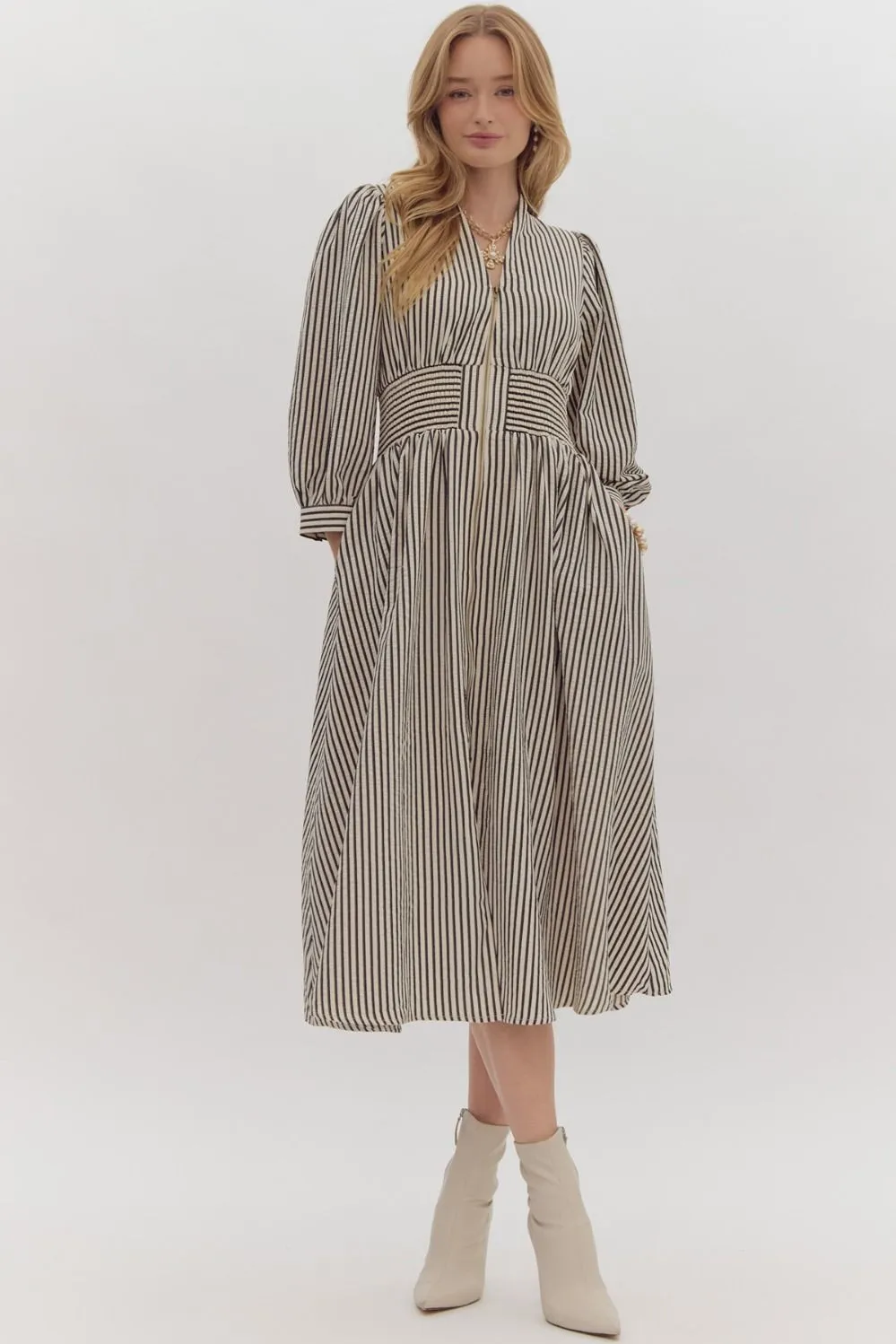 Black & White Vertical Stripe Zip Up Dress