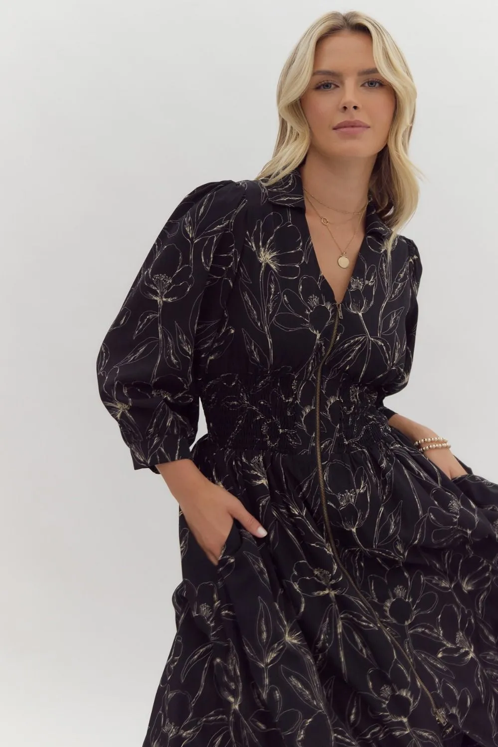 Black Floral Print Zip Up Midi Dress