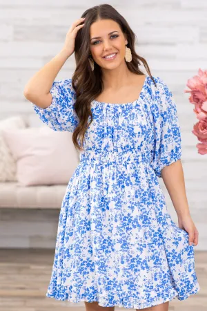 Blue and White Puff Sleeve Square Neck Dress