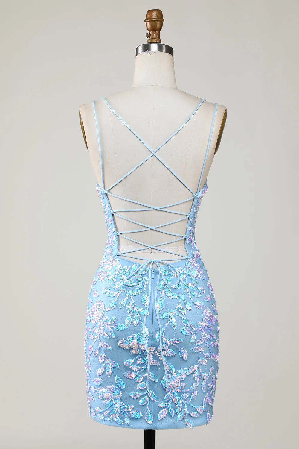 Blue Sheath Spaghetti Straps Short Homecoming Dress With Aqqliques