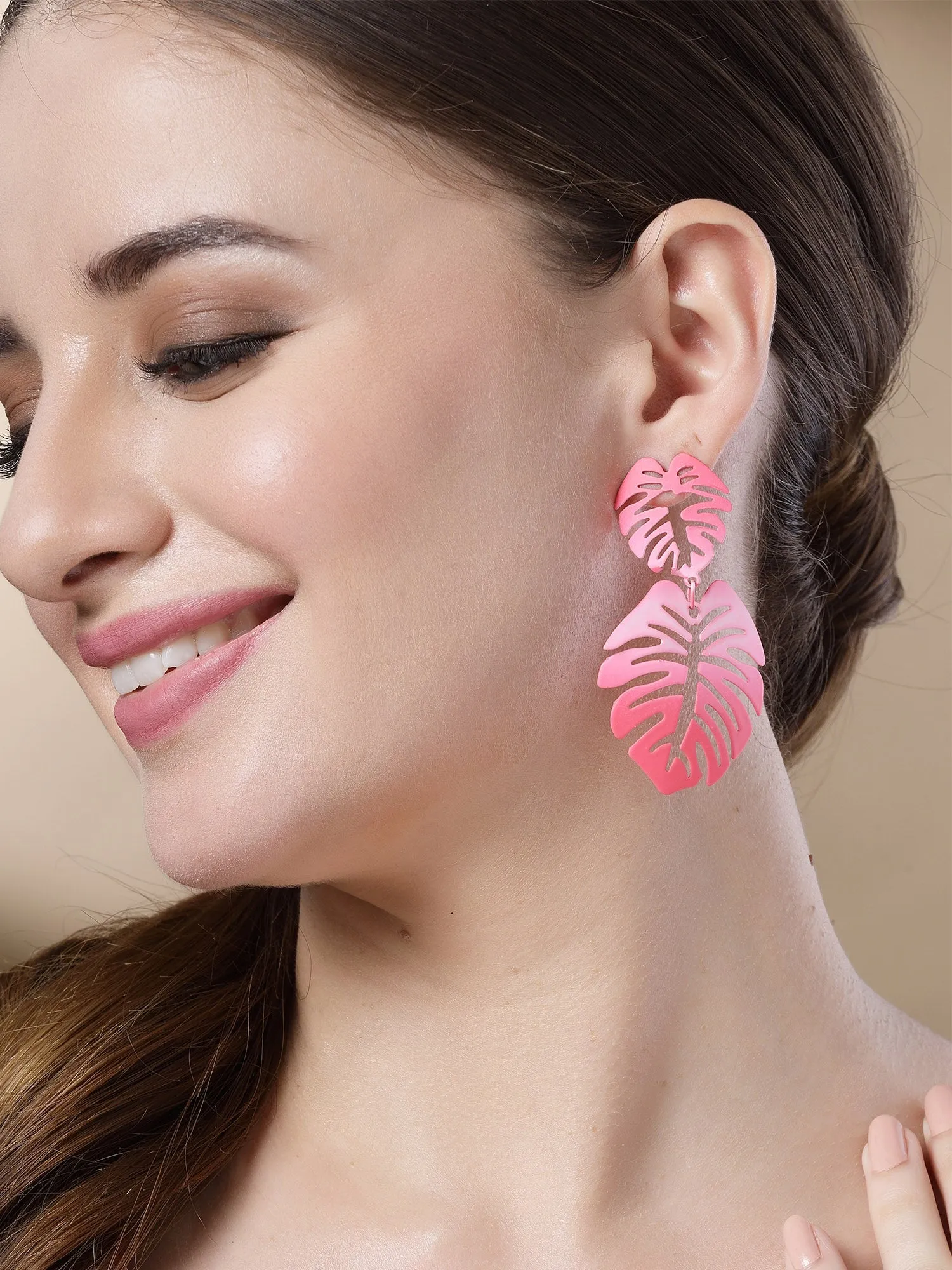 Bohey by KARATCART Pink Monstera Leaf Design Dangler Earrings for Women