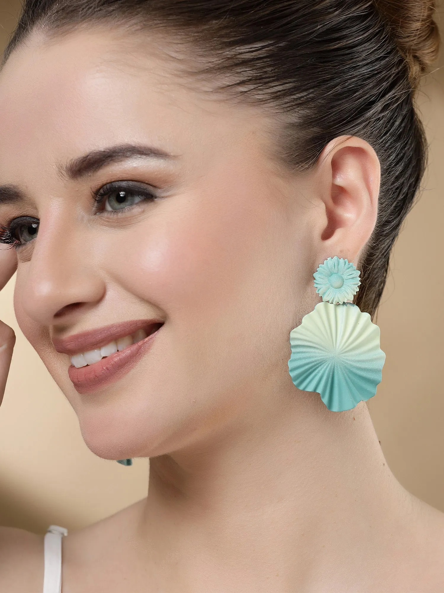 Bohey by KARATCART Teal Green and Lime Organic Floral Dangler Earrings for Women