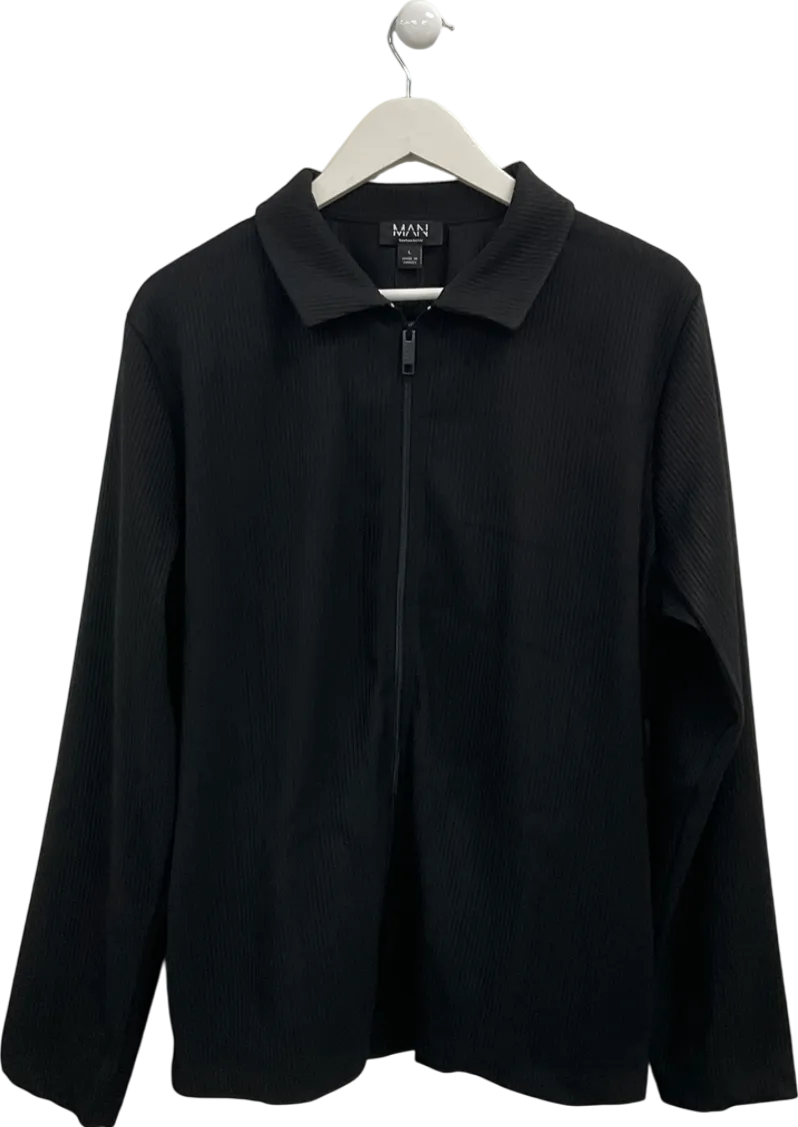 boohooMan Black Heavy Pleated Zip Through Overshirt UK L