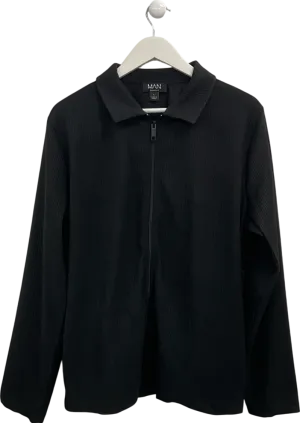 boohooMan Black Heavy Pleated Zip Through Overshirt UK L