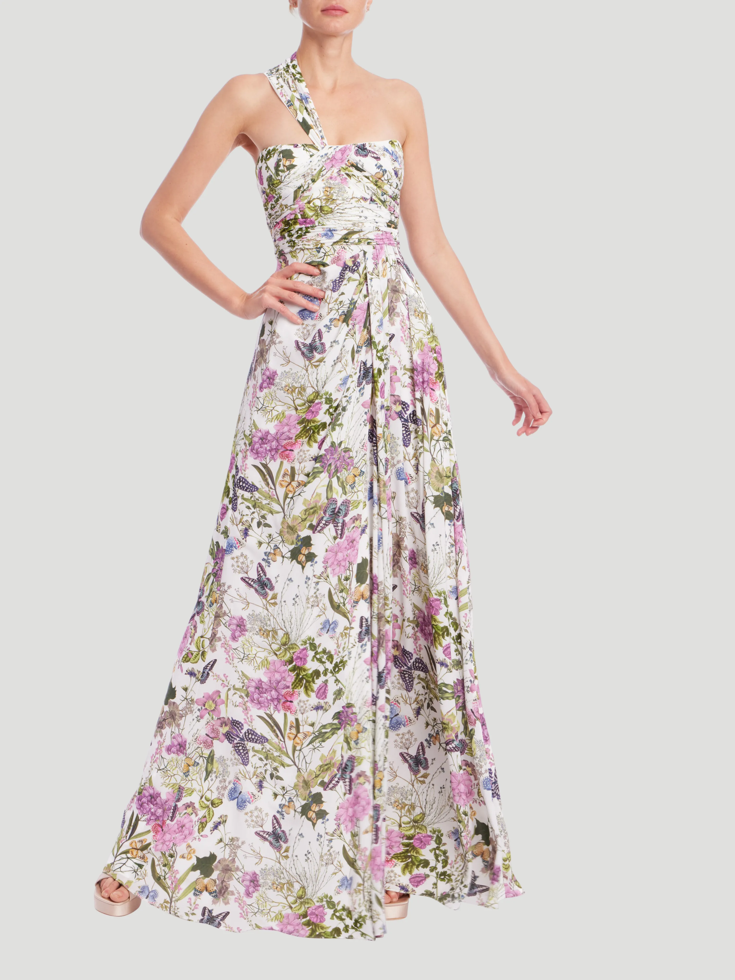 Butterfly Printed One Shoulder Gown