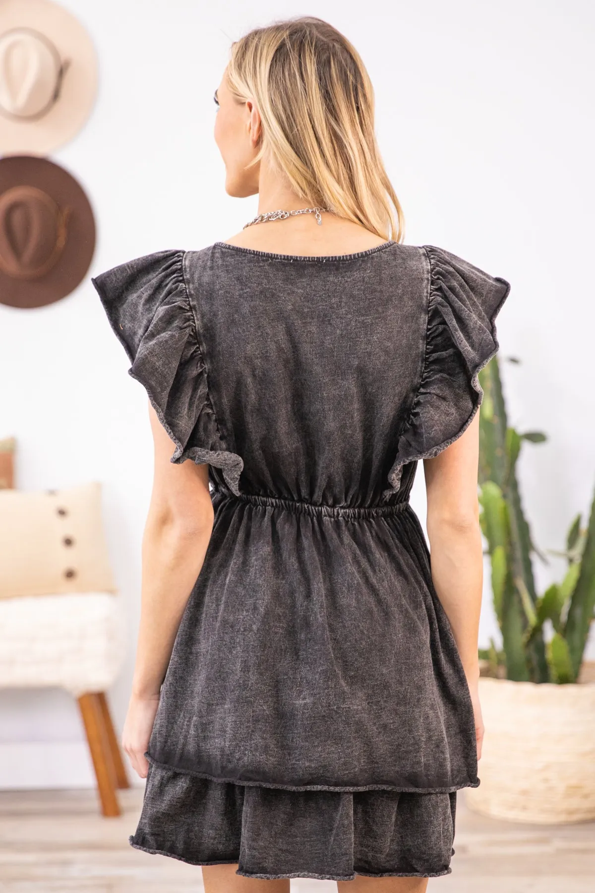 Charcoal Washed Surplice Ruffle Sleeve Dress