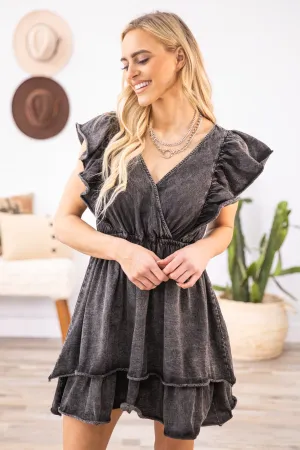 Charcoal Washed Surplice Ruffle Sleeve Dress