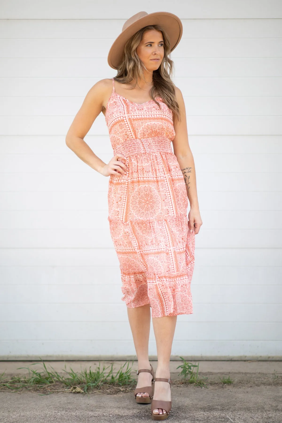 Coral Medallion Print Smocked Waist Midi Dress