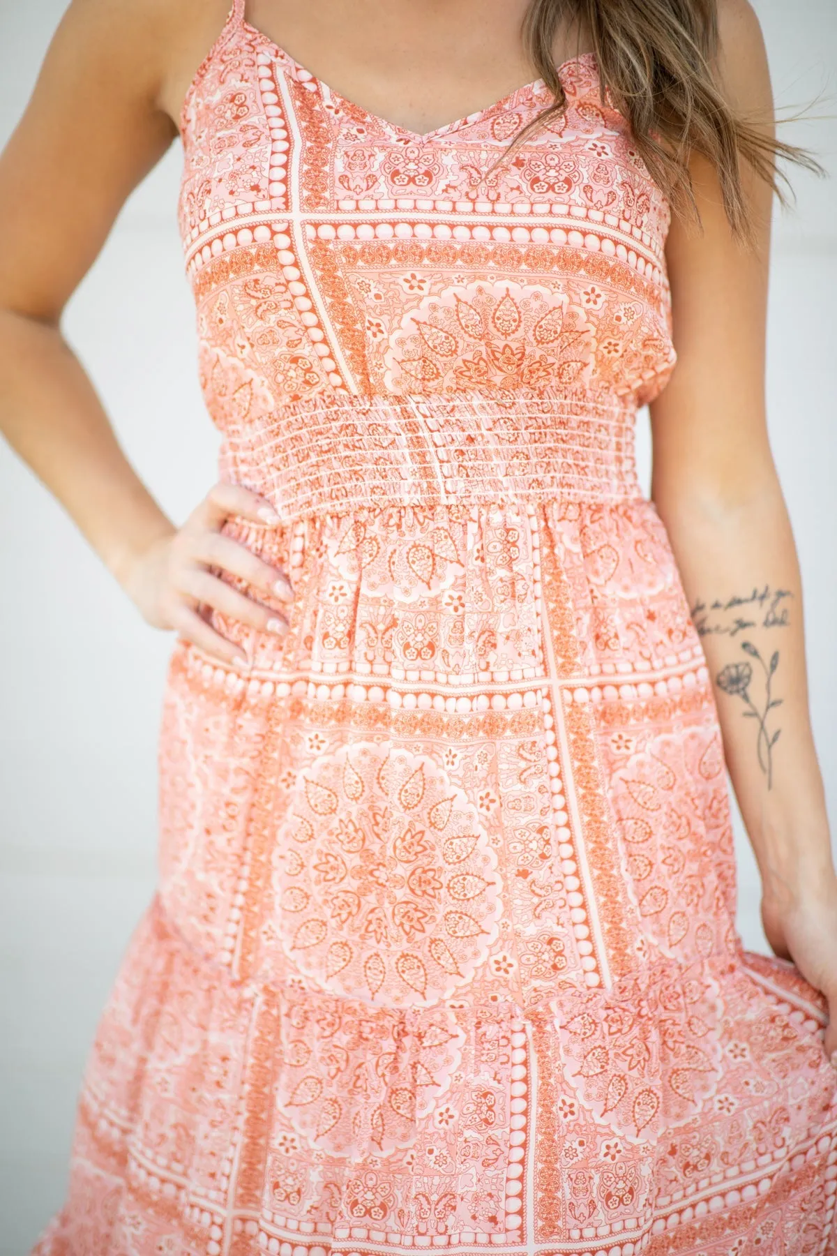Coral Medallion Print Smocked Waist Midi Dress