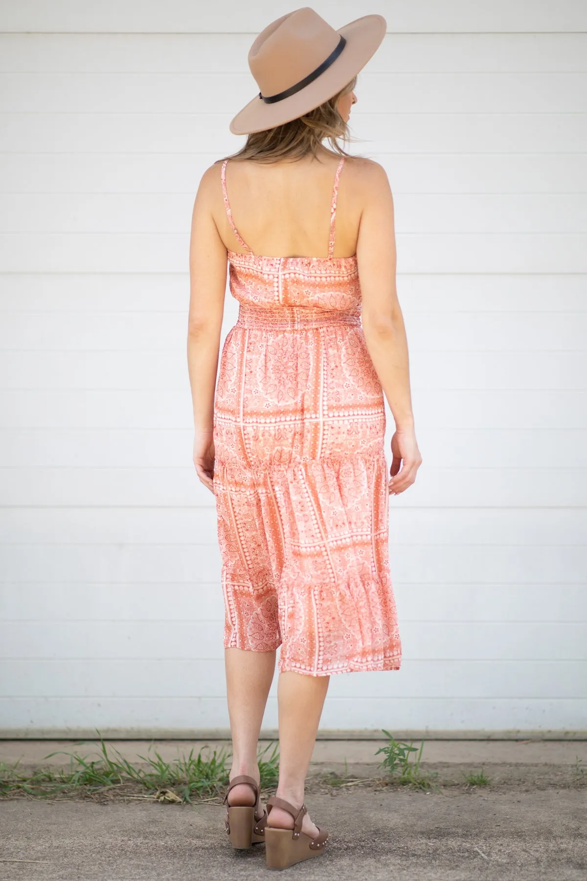 Coral Medallion Print Smocked Waist Midi Dress