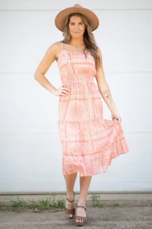 Coral Medallion Print Smocked Waist Midi Dress