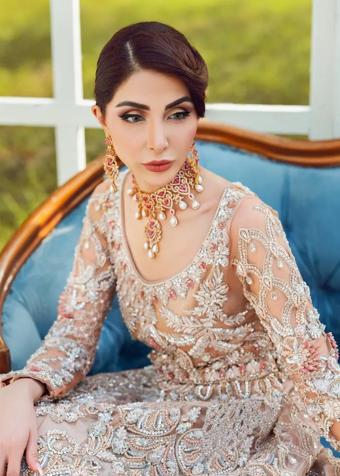 Designer Pakistani Bridal Lehenga Dress in Embellished Peach Lehenga Combination in Long Gown for Pakistani Brides Walima Wear #BN927