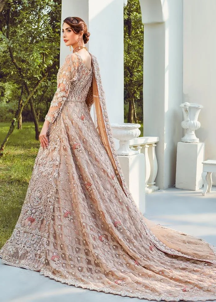 Designer Pakistani Bridal Lehenga Dress in Embellished Peach Lehenga Combination in Long Gown for Pakistani Brides Walima Wear #BN927