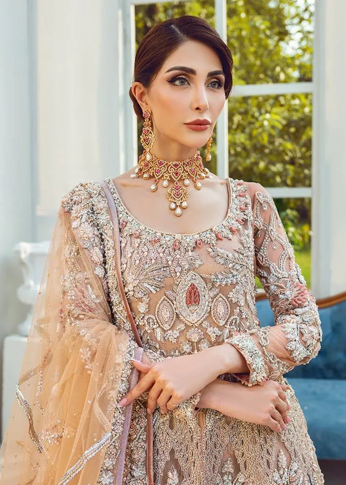 Designer Pakistani Bridal Lehenga Dress in Embellished Peach Lehenga Combination in Long Gown for Pakistani Brides Walima Wear #BN927
