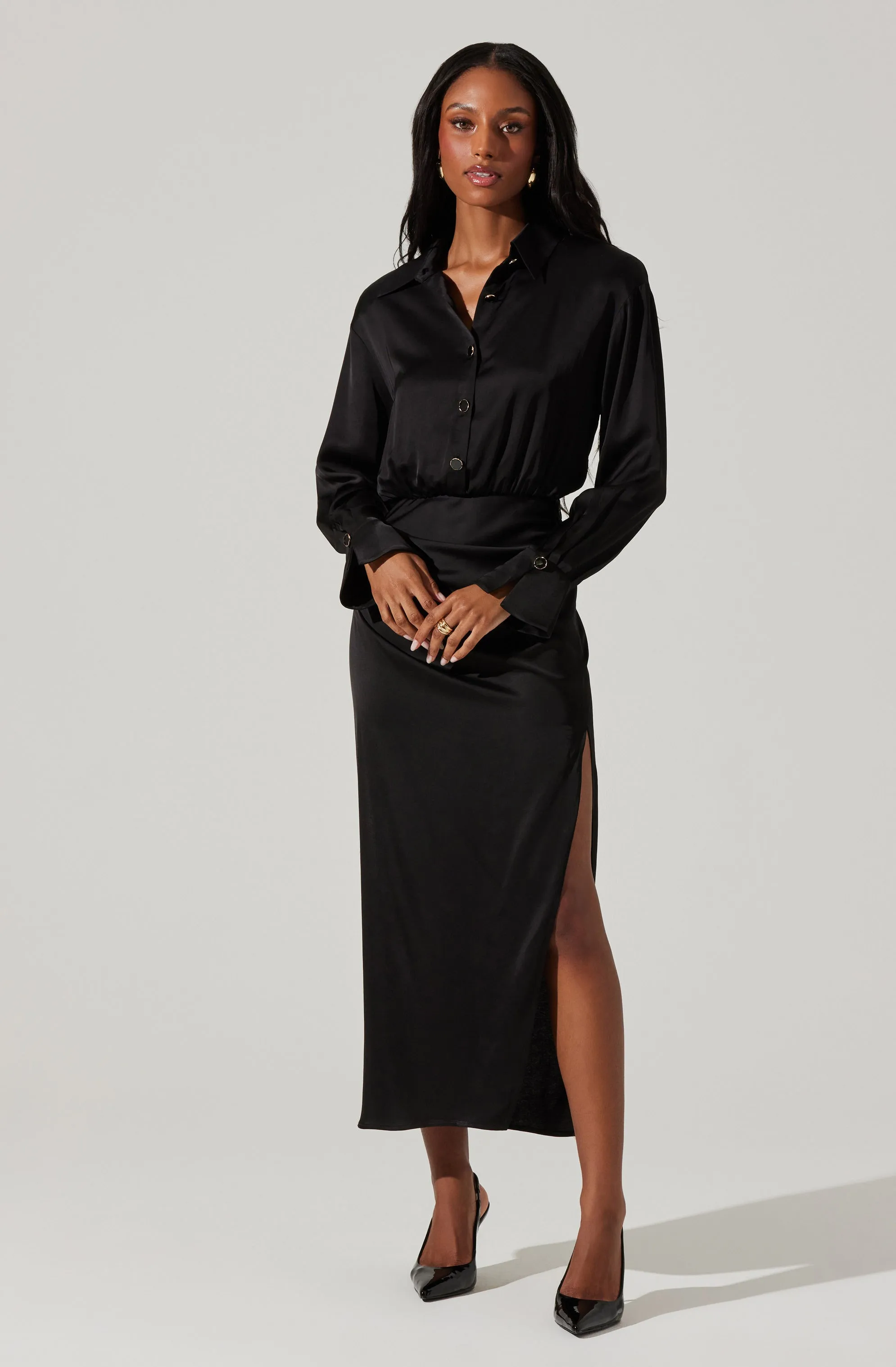 Elizabello Satin Midi Shirt Dress