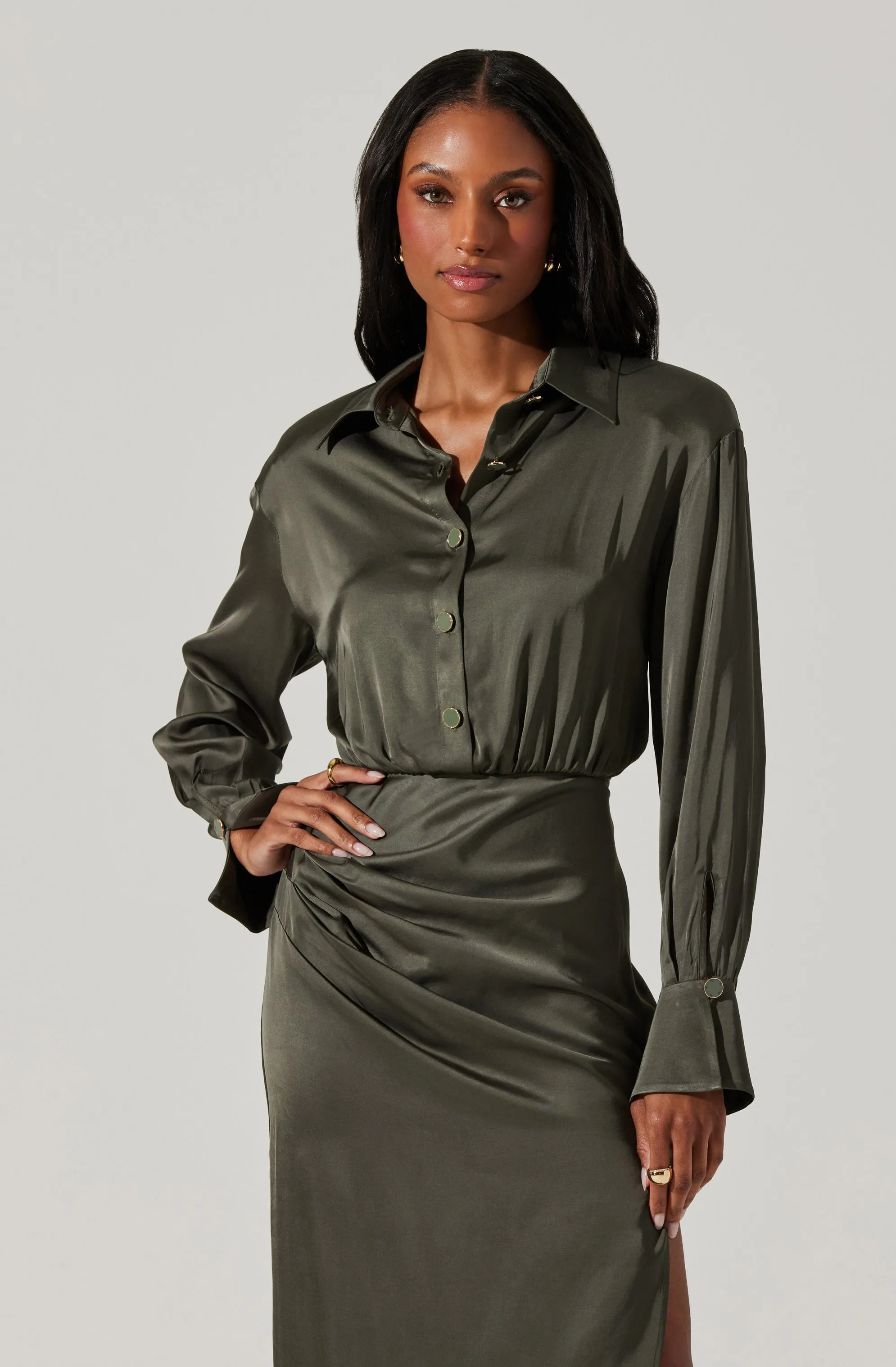 Elizabello Satin Midi Shirt Dress