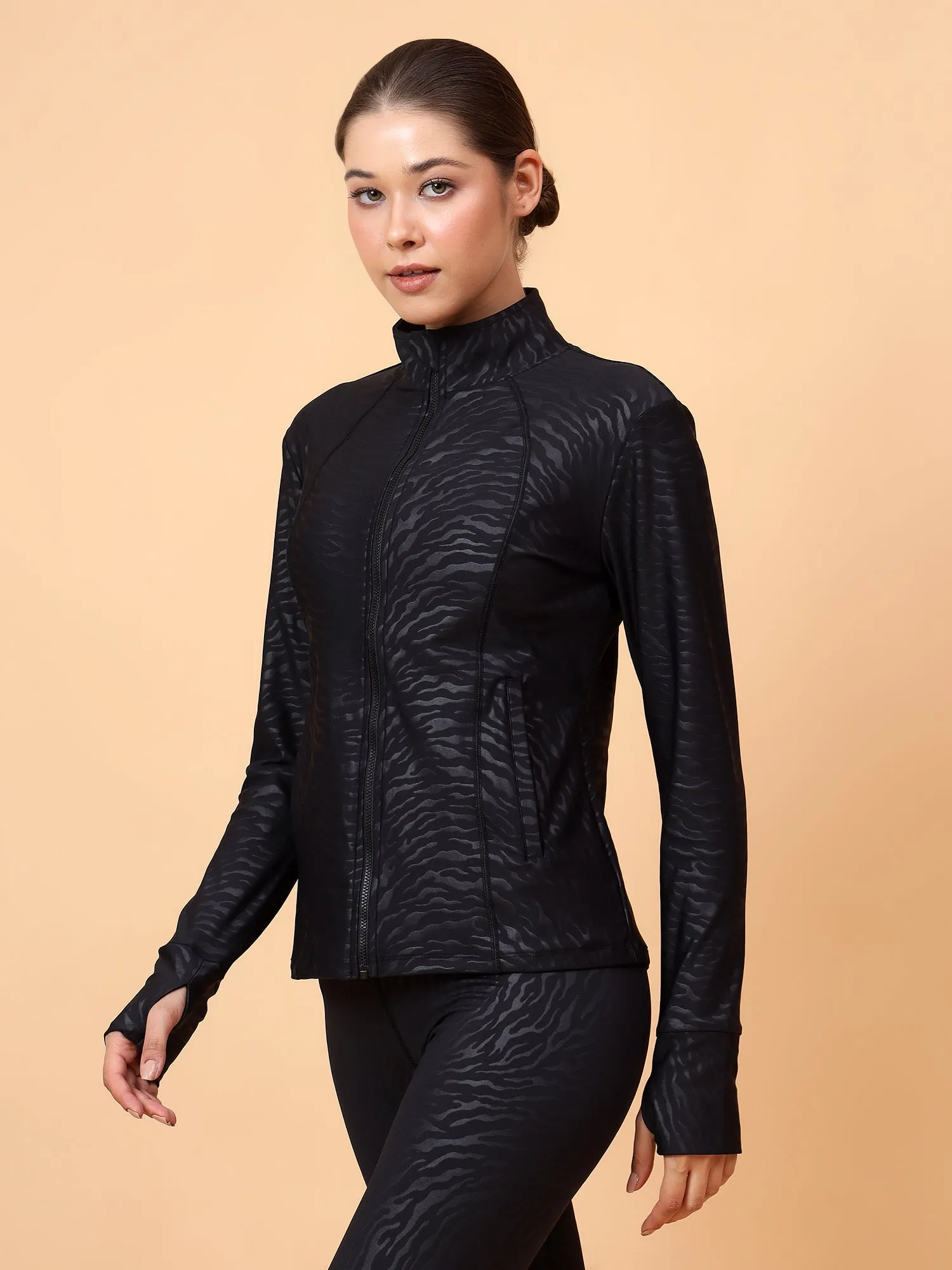 Fitkin Women Black Zebra Print Fit Move Run Jacket