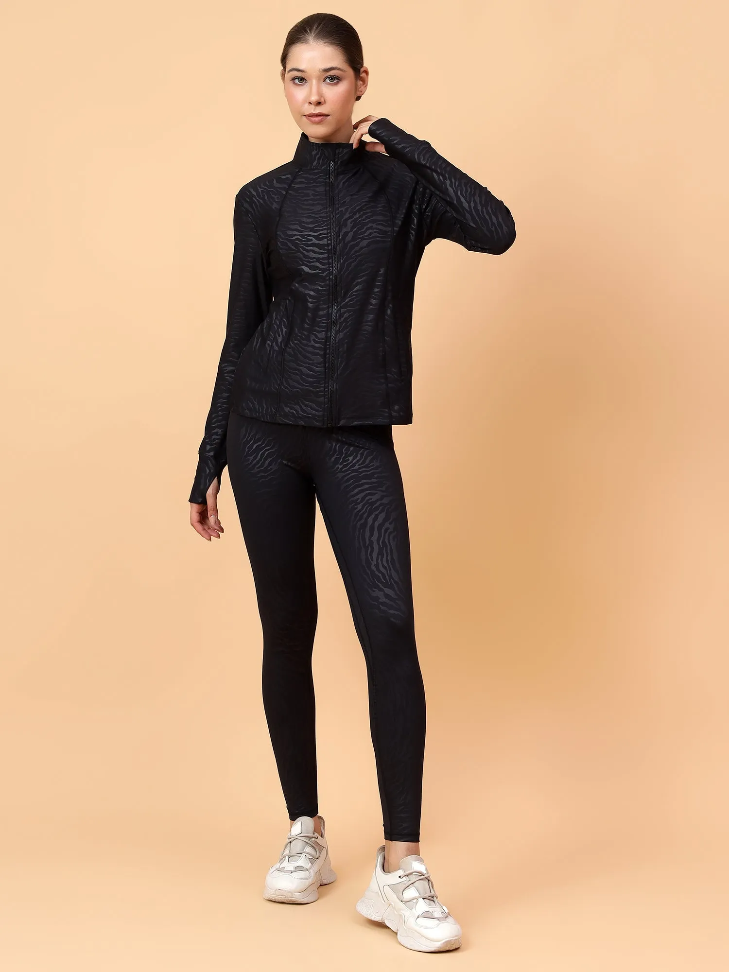 Fitkin Women Black Zebra Print Fit Move Run Jacket