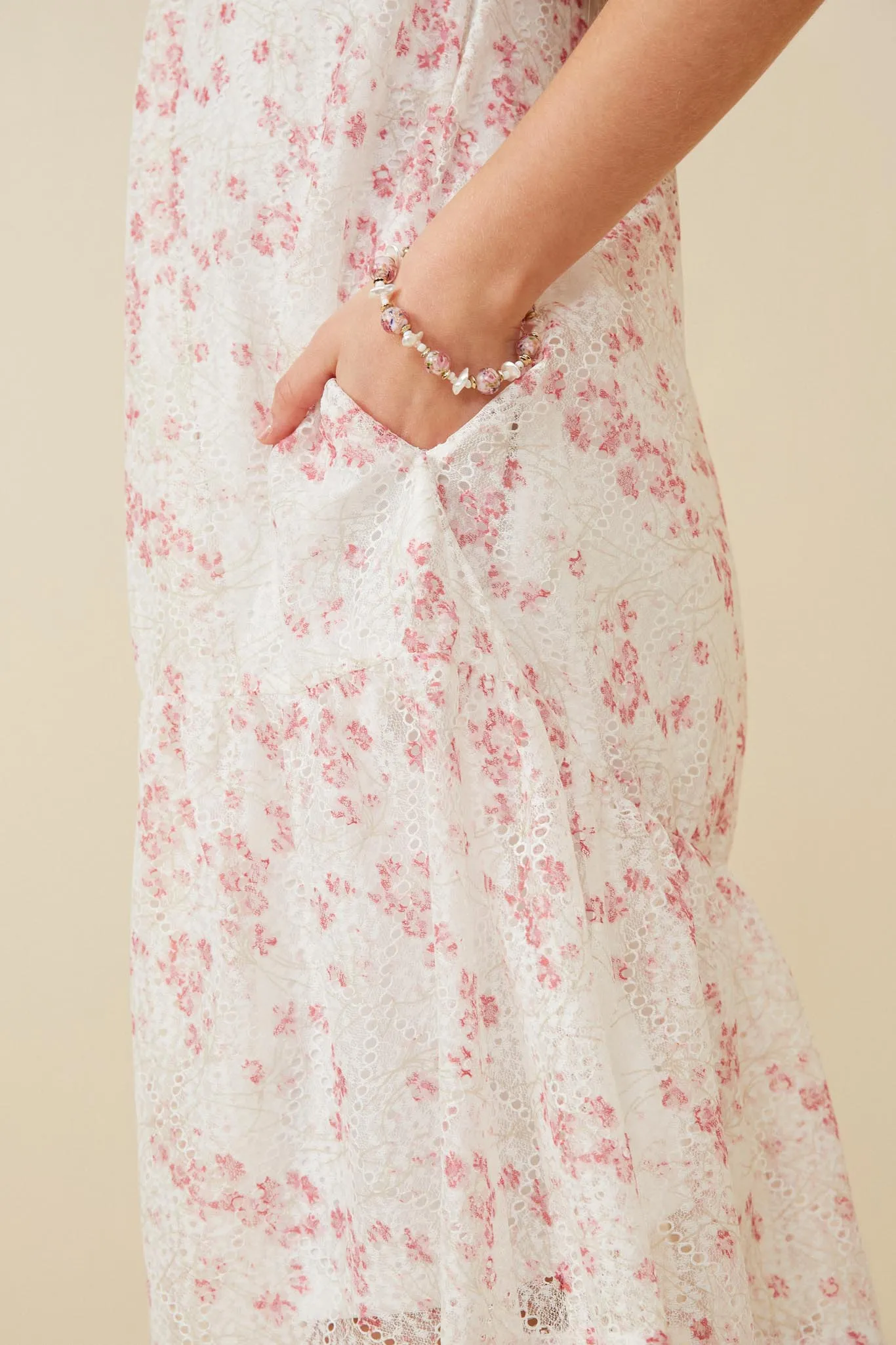 Floral Eyelet Lace Tiered Cap Sleeve Dress