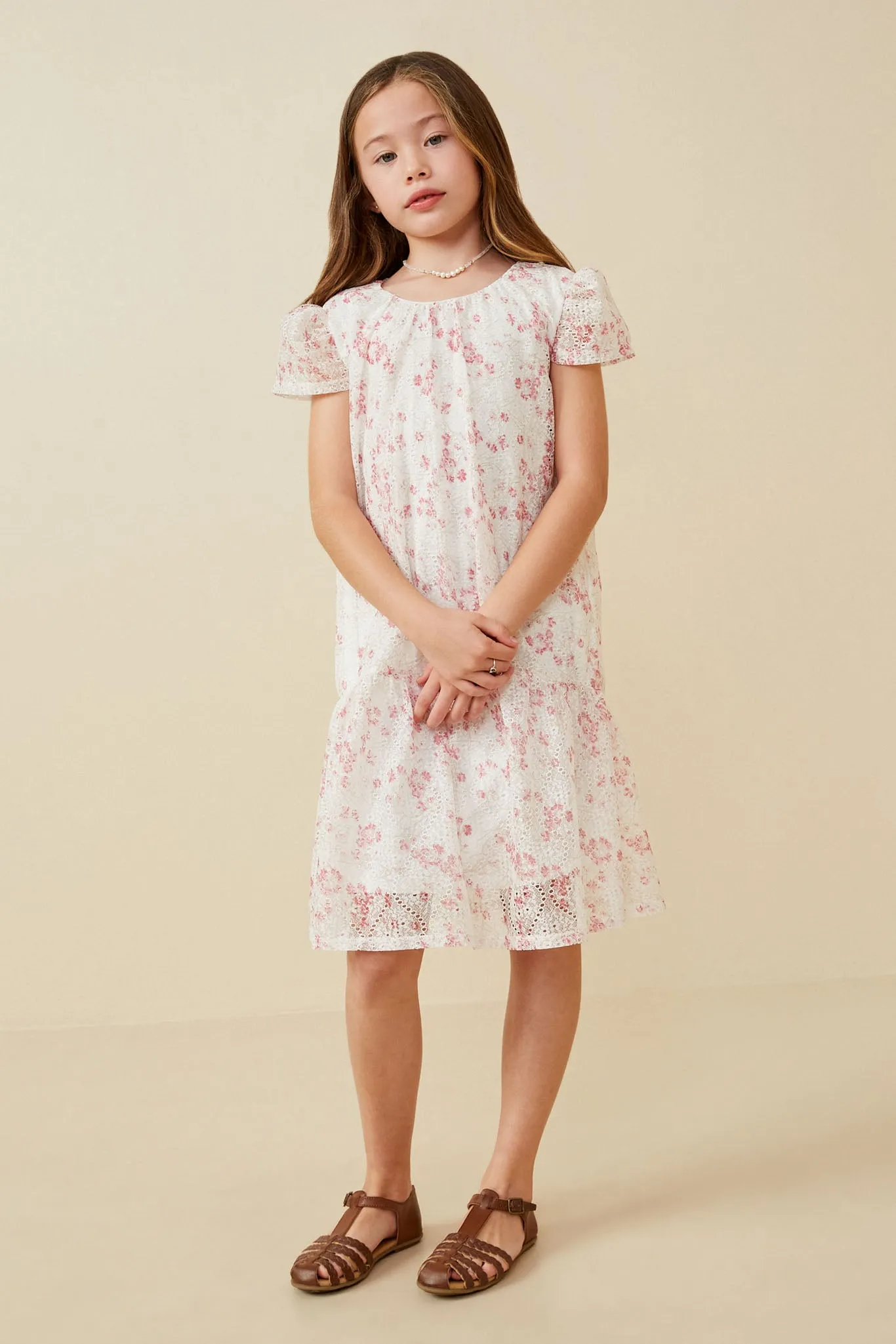 Floral Eyelet Lace Tiered Cap Sleeve Dress
