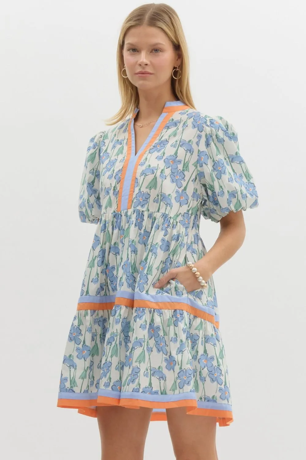 Floral Print Short Bubble Sleeve Pullover Tiered Mini Dress