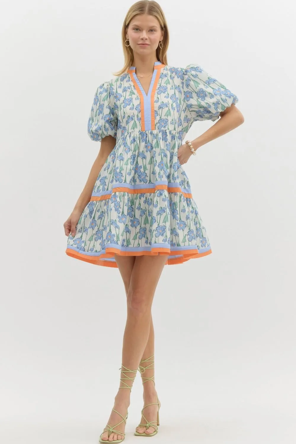 Floral Print Short Bubble Sleeve Pullover Tiered Mini Dress
