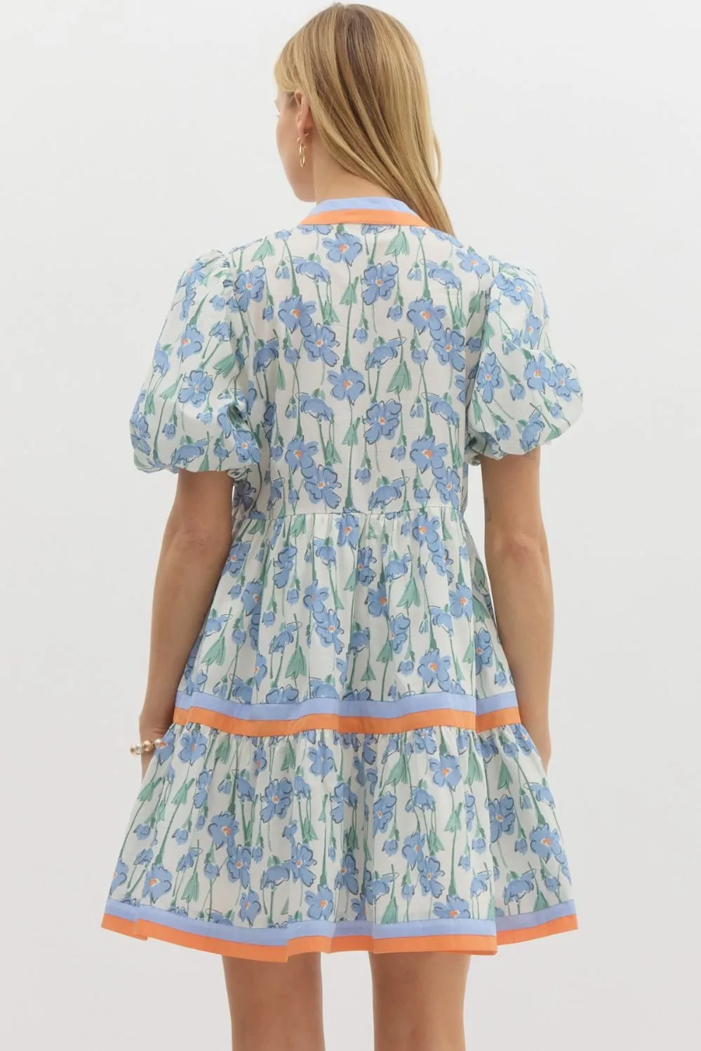 Floral Print Short Bubble Sleeve Pullover Tiered Mini Dress